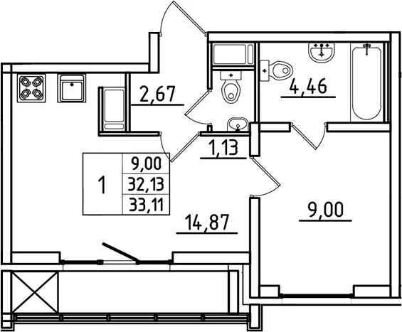 Планировка: 1-комнатная квартира 32,1 м² в ЖК «Южный Форт»