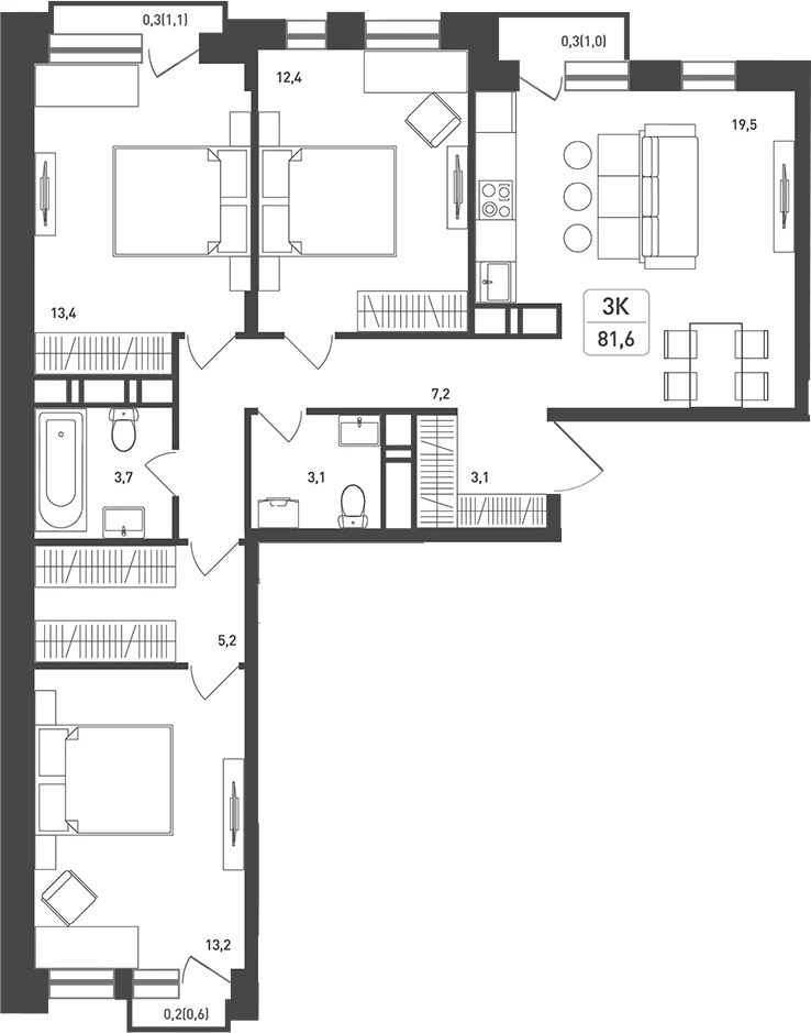Планировка: 3-комнатная квартира 84,1 м² в ЖК «Новая Щербинка»