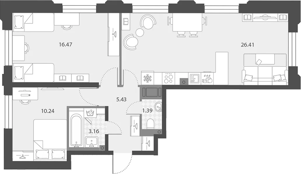 Планировка: Евротрёшка 63,1 м² в ЖК «Цивилизация на Неве»