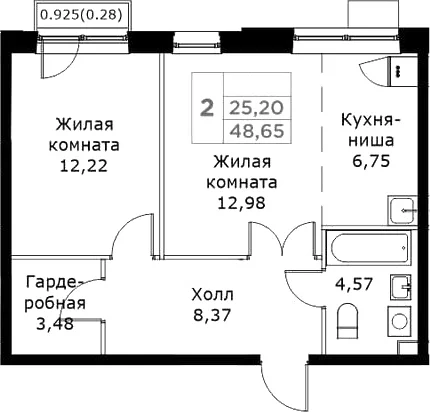 Планировка: Евродвушка 48,4 м² в ЖК «КИТ»
