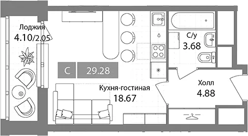 Планировка: Студия 27,2 м² в ЖК «Планерный квартал»