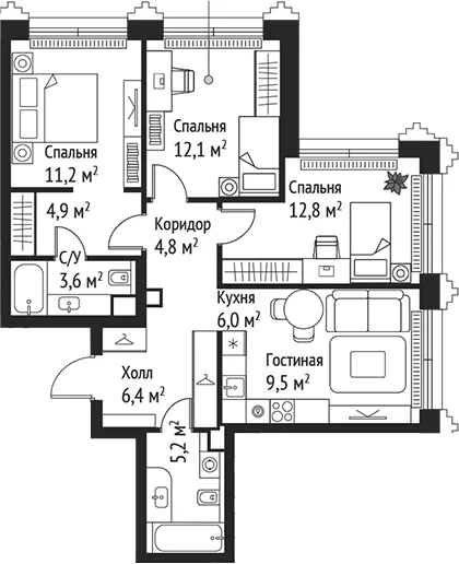 Планировка: Квартира евро-4 76,5 м² в ЖК «СЕТ»