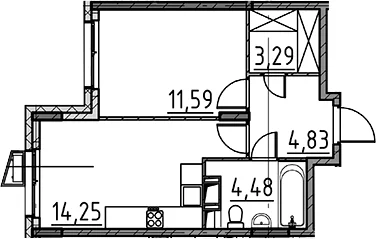 Планировка: 1-комнатная квартира 38,4 м² в ЖК «ВЕРЕН НОРТ Cертолово»