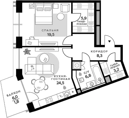 Планировка: 1-комнатная квартира 68,2 м² в ЖК «СберСити»