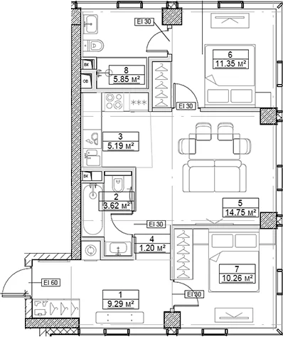 Планировка: Евротрёшка 61,5 м² в ЖК «Сити Бэй»