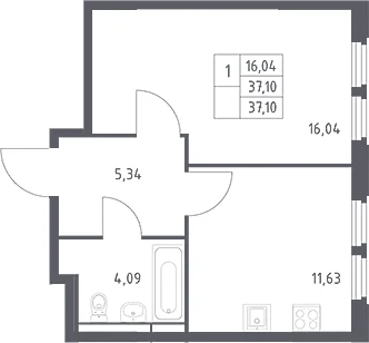 Планировка: 1-комнатная квартира 37,1 м² в ЖК «Космический Квартал»