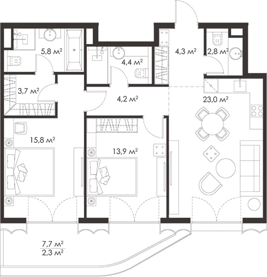 Планировка: Евротрёшка 79,3 м² в ЖК «КИНГ&САНС»