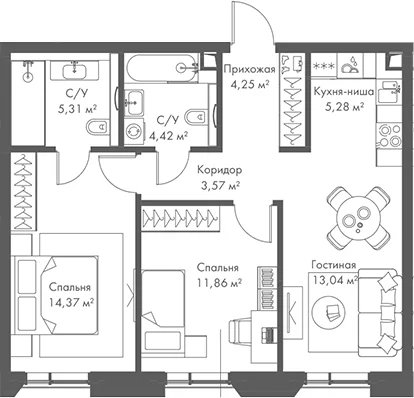 Планировка: Евротрёшка 62,1 м² в ЖК «МИРА»