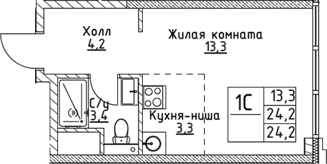 Планировка: Студия 24,2 м² в ЖК «ВЭРИ на Миклухо-Маклая»