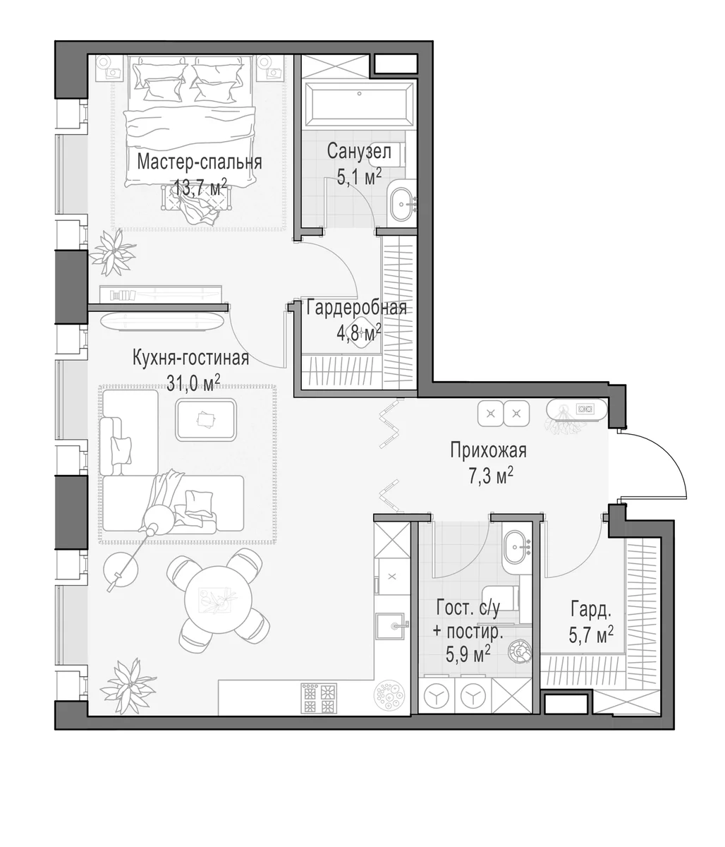 Планировка: Евродвушка 75,3 м² в ЖК «Клубный квартал Фрунзенский»