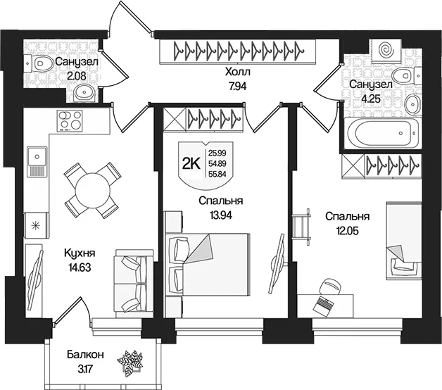 Планировка: 2-комнатная квартира 54,9 м² в ЖК «Охтинские высоты»
