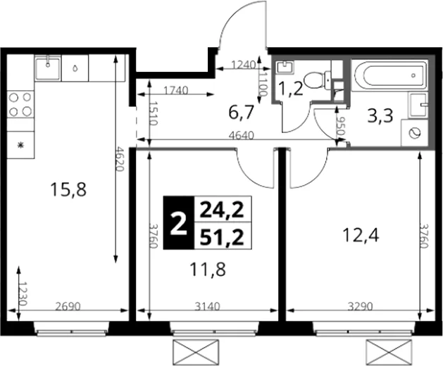 Планировка: Евротрёшка 51,2 м² в ЖК «1-й Южный»