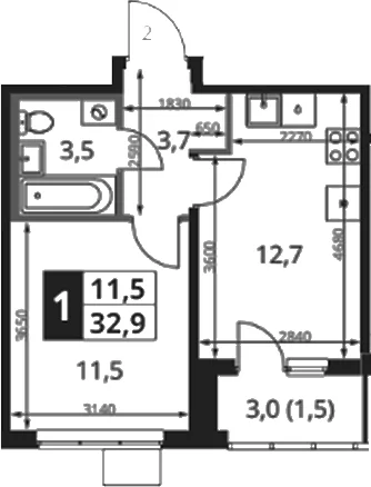 Планировка: 1-комнатная квартира 31,8 м² в ЖК «1-й Ясеневский»