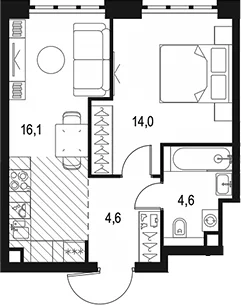 Планировка: 1-комнатная квартира 39,3 м² в ЖК «Левел Южнопортовая»