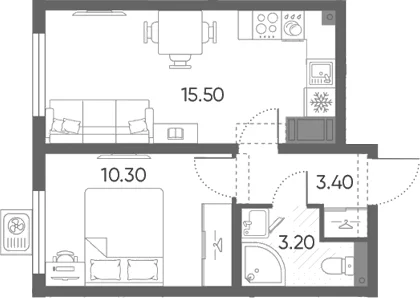Планировка: Евродвушка 32,4 м² в ЖК «Ручьи 2»