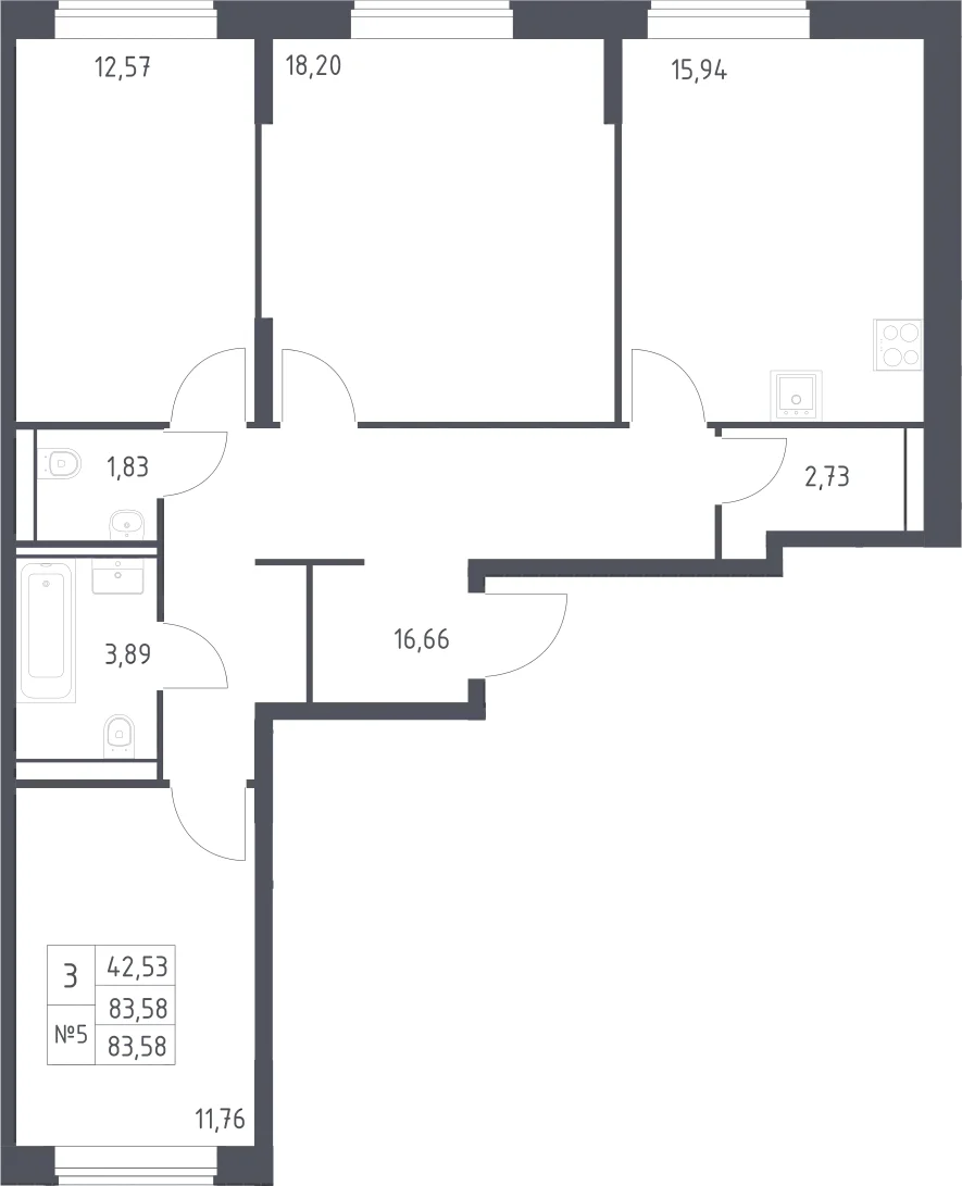 Планировка: 3-комнатная квартира 83,6 м² в ЖК «Квартал Домашний»