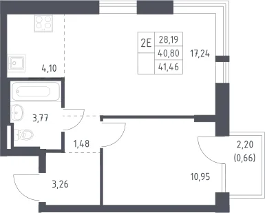 Планировка: Евродвушка 40,8 м² в ЖК «Квартал Авиаторов»