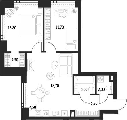 Планировка: Евротрёшка 64,9 м² в ЖК «Апсайд Тауэрс»