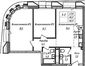 Планировка: Евротрёшка 66,9 м² в ЖК «УНО.Соколиная гора»