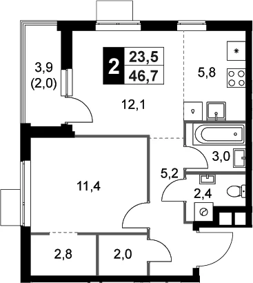 Планировка: Евродвушка 44,7 м² в ЖК «1-й Измайловский»