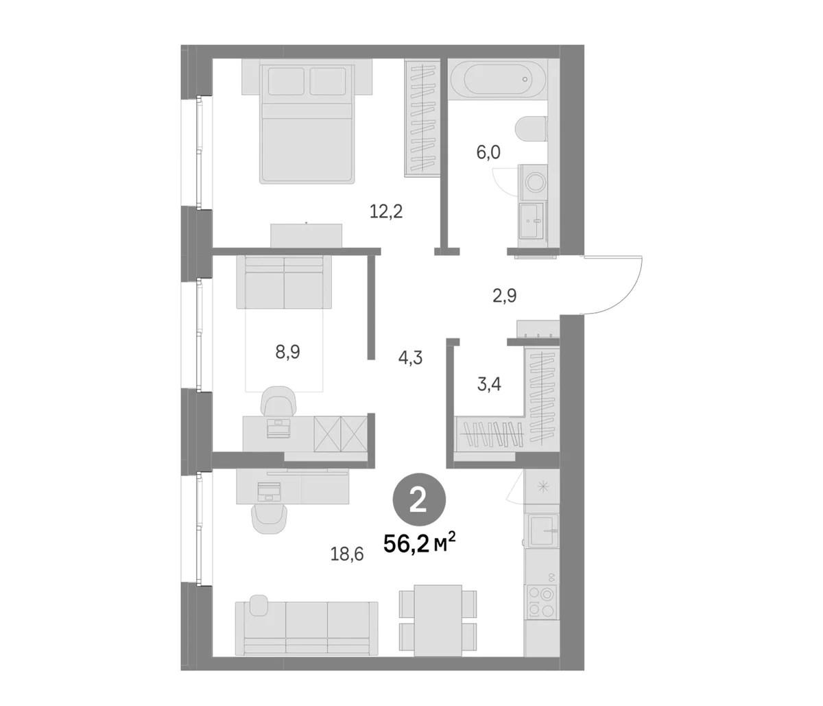 Планировка: Евротрёшка 56,2 м² в ЖК «Квартал Текстура»