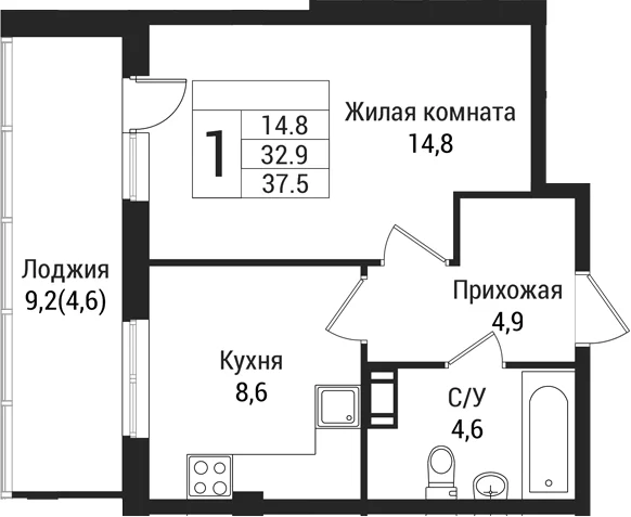 Планировка: 1-комнатная квартира 32,9 м² в ЖК «Южная Заря»