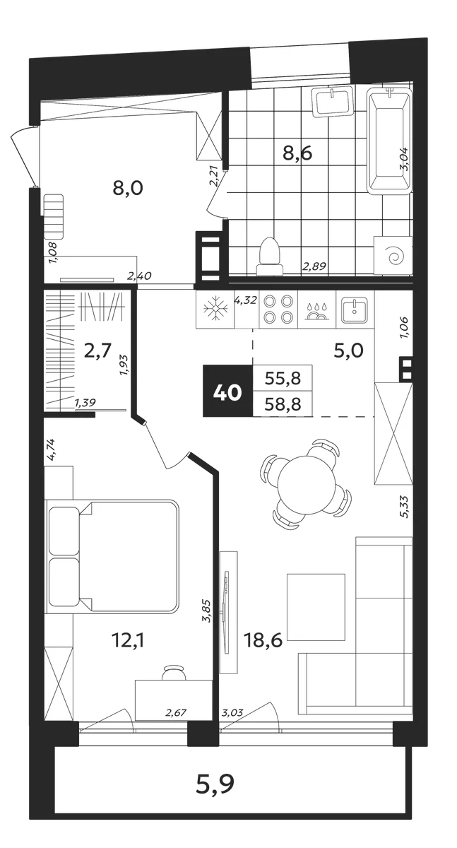 Планировка: 1-комнатная квартира 55,8 м² в ЖК «Дом на Бронницкой»