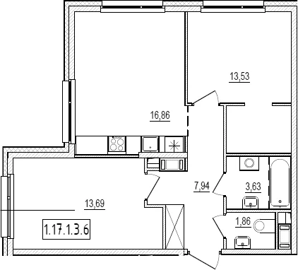 Планировка: Евротрёшка 57,5 м² в ЖК «Новый Ямбург»