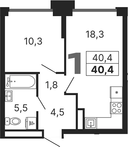 Планировка: 1-комнатная квартира 40,4 м² в ЖК «Бестселлер»
