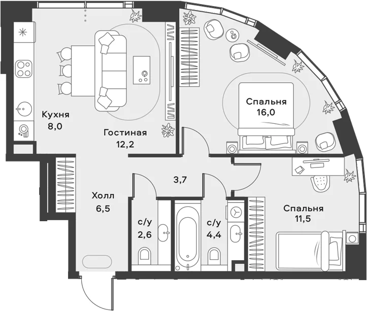 Планировка: Евротрёшка 64,9 м² в ЖК «АЛИА»