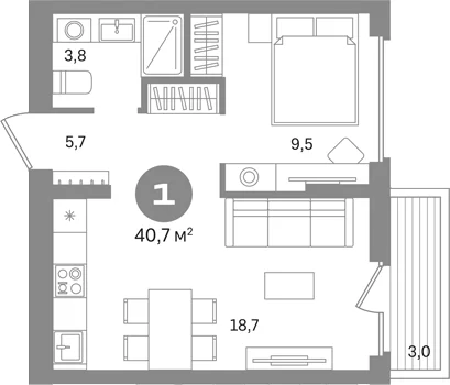 Планировка: 1-комнатная квартира 37,7 м² в ЖК «Первый квартал. Вторая очередь»