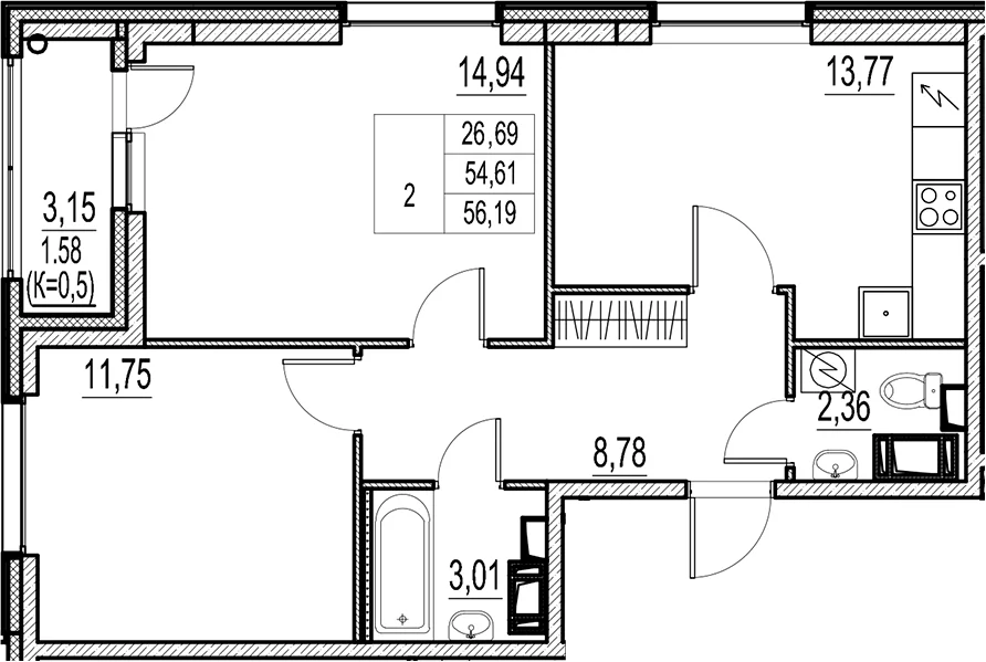 Планировка: 2-комнатная квартира 54,6 м² в ЖК «Город-спутник Южный»