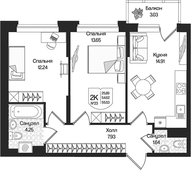 Планировка: 2-комнатная квартира 54,6 м² в ЖК «Охтинские высоты»