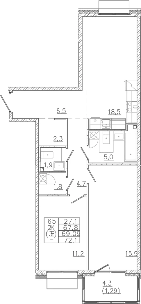 Планировка: Евротрёшка 67,8 м² в ЖК «Лисино»