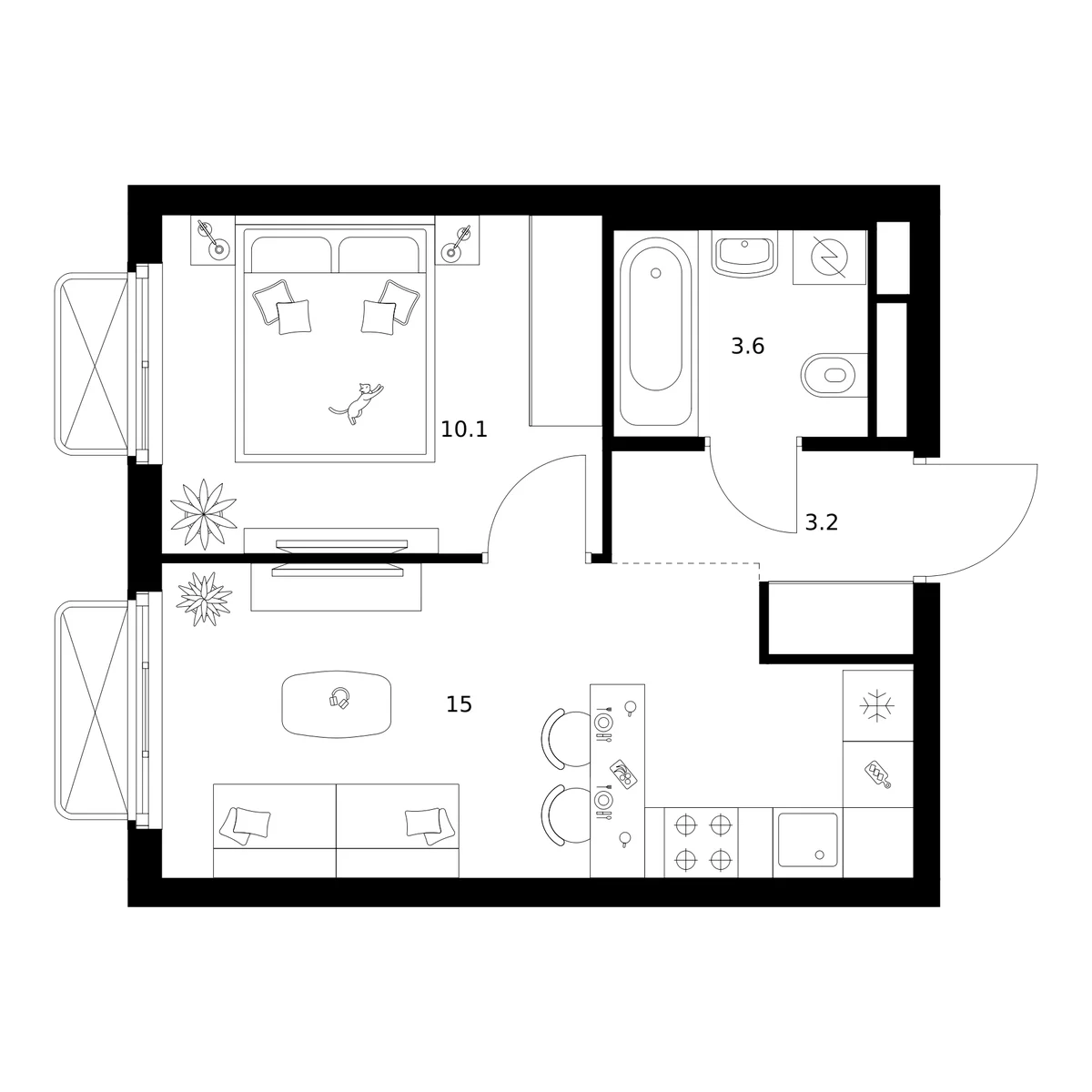 Планировка: 1-комнатная квартира 31,9 м² в ЖК «2-й Иртышский»