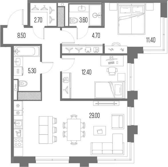 Планировка: Евротрёшка 77,6 м² в ЖК «Легенда на Охте»