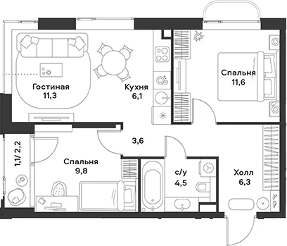 Планировка: Евротрёшка 53,2 м² в ЖК «АЛИА»