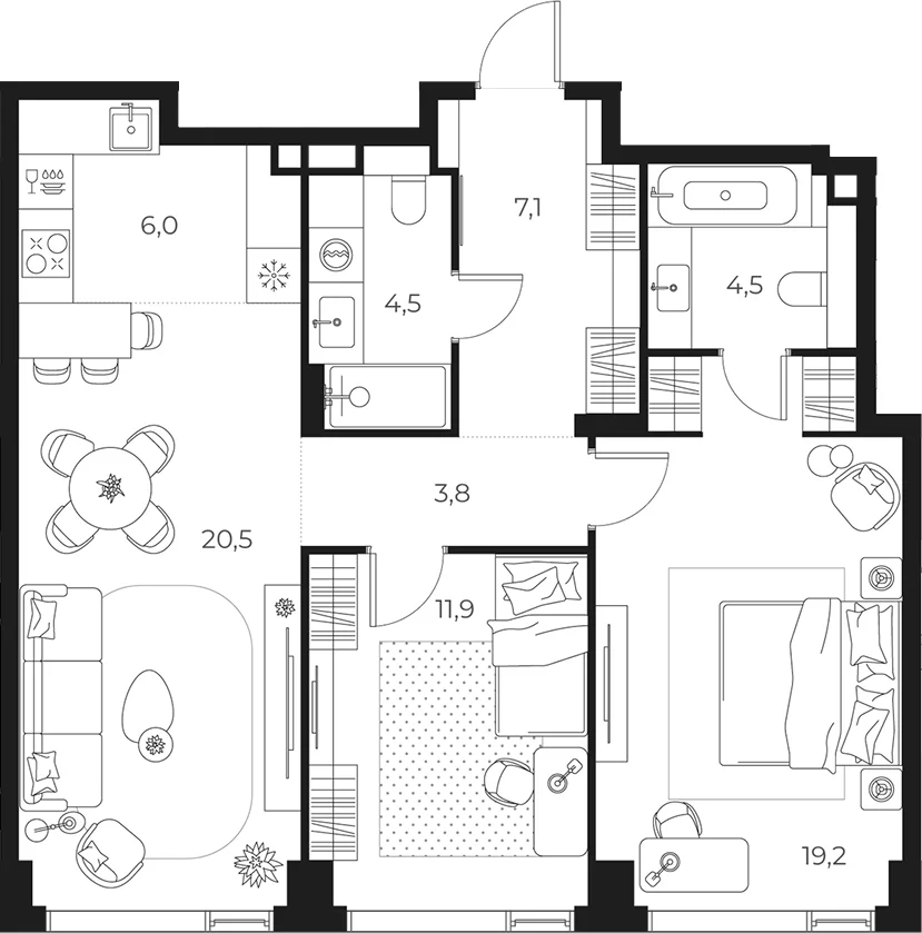 Планировка: Евротрёшка 77,5 м² в ЖК «МАСТЕРС»