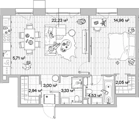 Планировка: Евродвушка 58,8 м² в ЖК «МЫС»