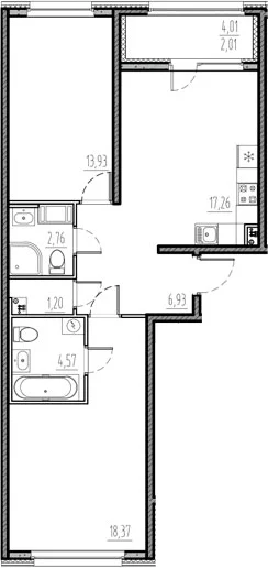 Планировка: Евротрёшка 65 м² в ЖК «Новый Московский»