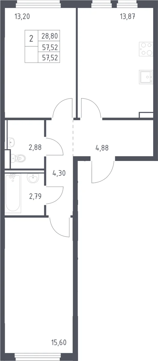 Планировка: 2-комнатная квартира 57,5 м² в ЖК «Пригород Лесное»