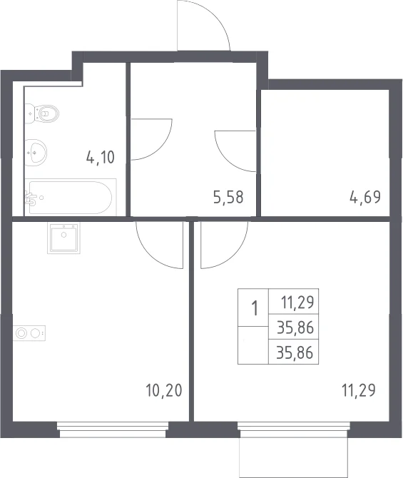 Планировка: 1-комнатная квартира 35,9 м² в ЖК «Пригород Лесное»