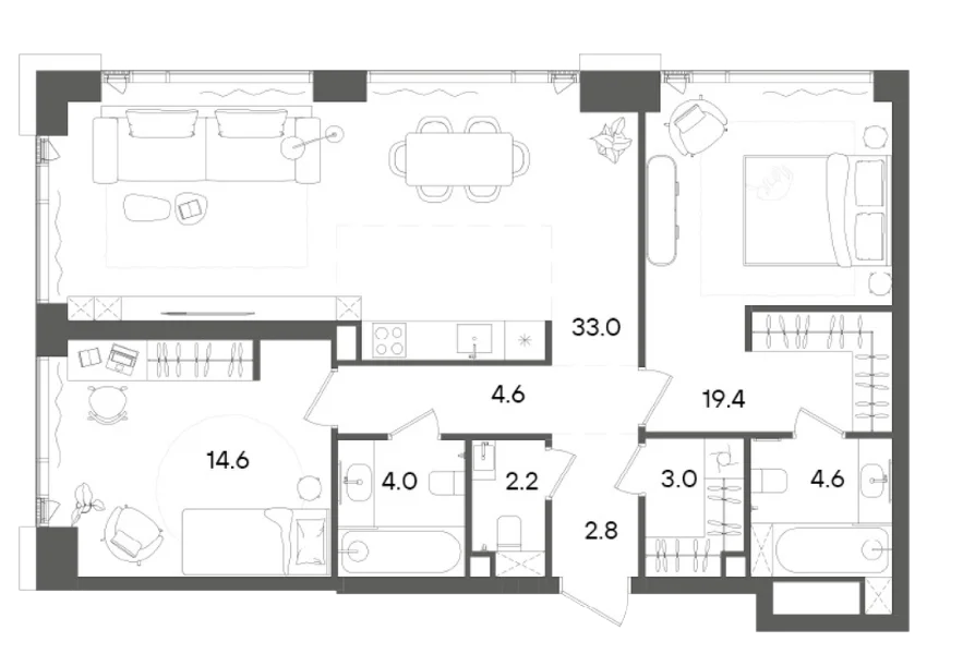 Планировка: Евротрёшка 88,2 м² в ЖК «СТОУН Грэйн»