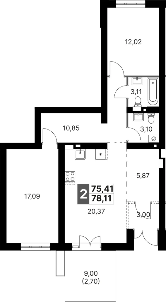 Планировка: Евротрёшка 75,4 м² в ЖК «Жаворонки Клаб»