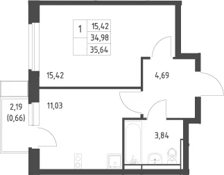 Планировка: 1-комнатная квартира 35 м² в ЖК «Новое Видное»