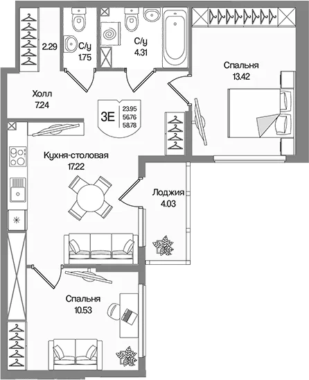 Планировка: Евротрёшка 56,8 м² в ЖК «Охтинские высоты»