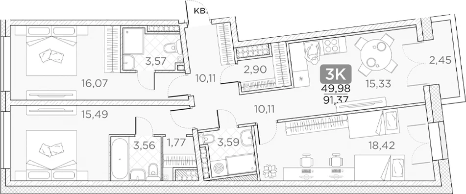 Планировка: 3-комнатная квартира 90,6 м² в ЖК «Гильдия»