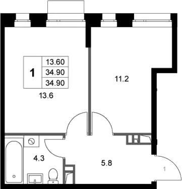 Планировка: 1-комнатная квартира 34,9 м² в ЖК «Кореневский Форт 2.3»
