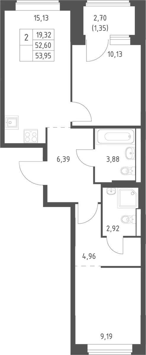 Планировка: Евротрёшка 52,6 м² в ЖК «Большое Юрлово»