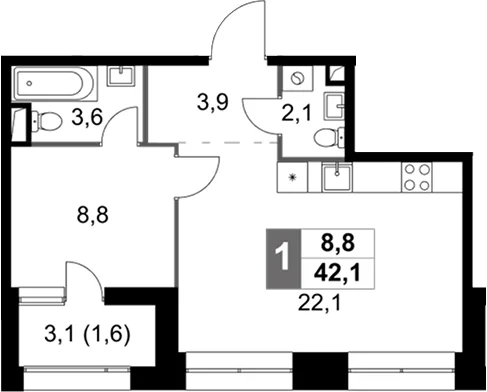 Планировка: Евродвушка 40,5 м² в ЖК «Скай Гарден»
